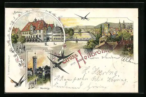 Vorläufer-Lithographie Heilbronn 1895, Rathaus, Wartberg, Ortsansicht