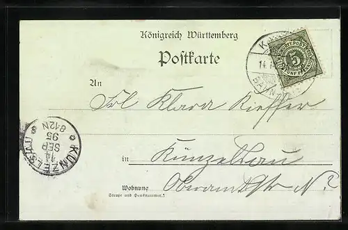 Vorläufer-Lithographie Heilbronn 1895, Rathaus, Wartberg, Ortsansicht