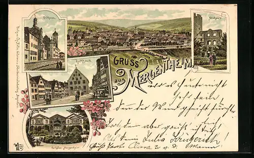 Lithographie Mergentheim, Ortsansicht, Rathaus, Schloss