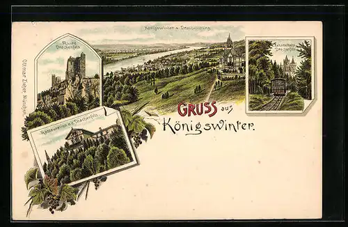 Lithographie Königswinter, Ruine Drachenfels, Zahnradbahn Drachenfels, Restauration a. d. Drachenfels