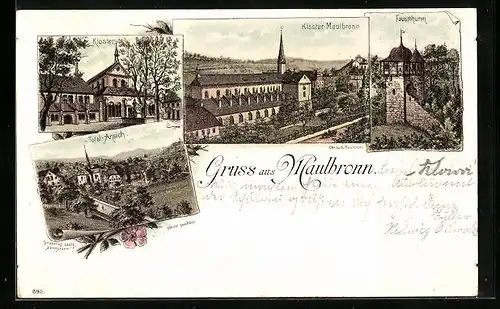 Lithographie Maulbronn, Kloster Maulbronn, Faustturm, Totalansicht