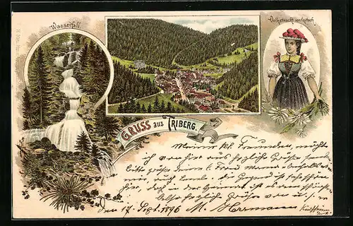 Lithographie Triberg, Ortsansicht, Wasserfall, Frau in Volkstracht von Gutach