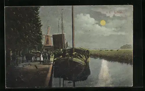 AK Lisse, Uferpartie mit Windmühle bei Nacht
