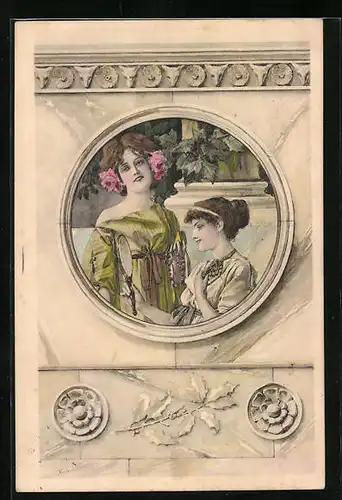 AK Damen aus Antike mit Spiegel, Jugendstil