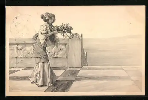AK Dame mit Schale voller Rosen, Jugendstil