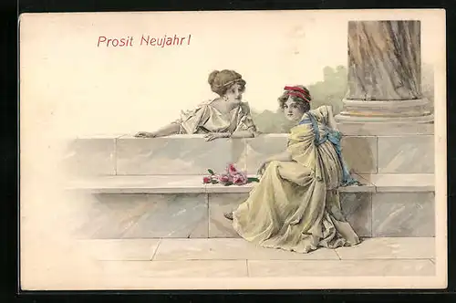 AK Damen treffen sich an Marmorbank, Jugendstil