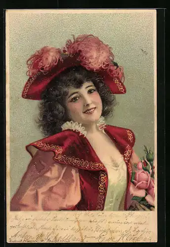 AK Brünette Dame im roten Kleid mit abgestimmtem Federhut, Jugendstil