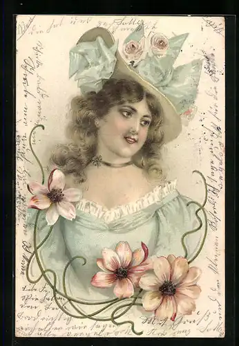 Präge-AK Junge Schönheit im blauen Kleid mit passendem Hut im Jugendstil