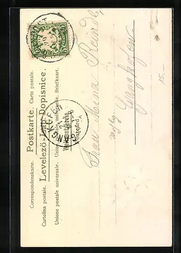 Präge-AK Blonde Schönheit mit blauem Federhut und passendem Kleid, Jugendstil