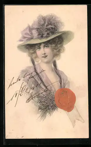 Künstler-AK H. Christ Nr. 129: Fräulein im lilafarbenen Kleid mit Hut, Siegel
