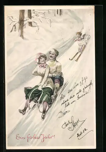 Künstler-AK H. Christ Nr. 169: Paar auf Schlitten vor Amor auf Skiern, Neujahrsgruss