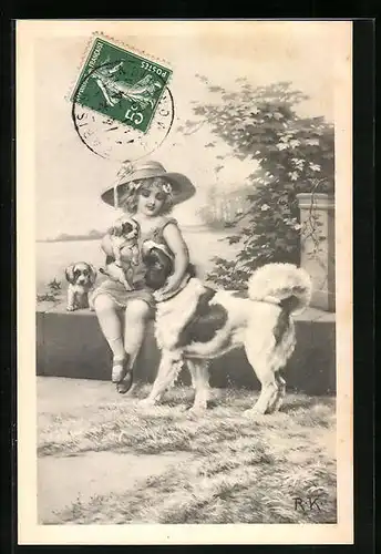 Künstler-AK H. Christ Nr. 158: Mädchen mit Hund und Welpen