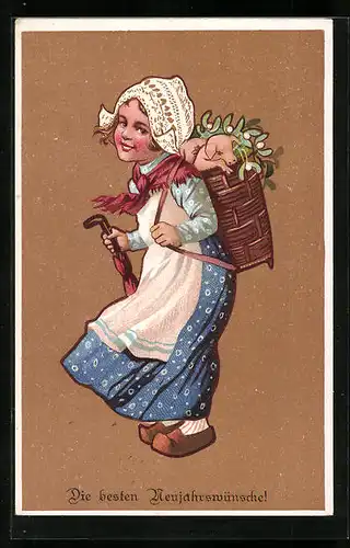 Künstler-AK H. Christ Nr. 207: Holländerin mit Ferkel im Korb, Neujahrsgruss