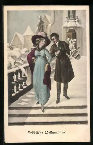 Künstler-AK H. Christ Nr. 206: Paar an der Treppe im Schnee, Weihnachtsgruss