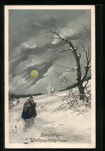Künstler-AK H. Christ Nr. 263: Paar in Winterlandschaft bei Mondschein, Weihnachtsgruss
