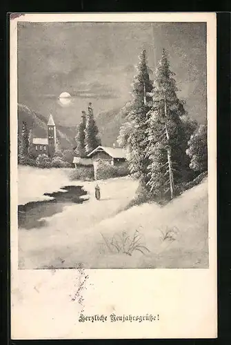 Künstler-AK H. Christ Nr. 272: Frau in winterlicher Landschaft bei Mondschein, Neujahrsgruss