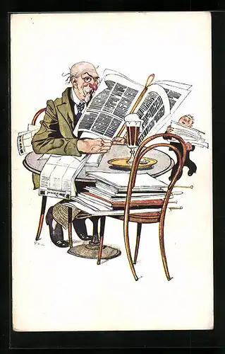Künstler-AK H. Christ Nr. 197: Älterer Herr mit Zeitung und Bier am Tisch