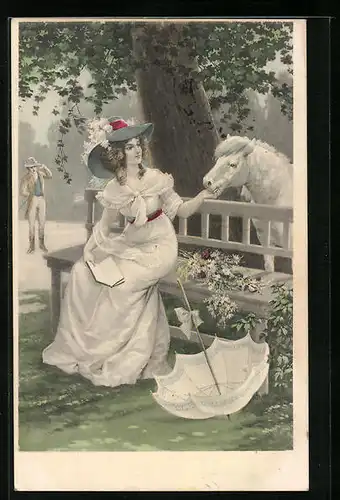 Künstler-AK H. Christ Nr. 188: Fräulein auf Bank sitzend mit Pony