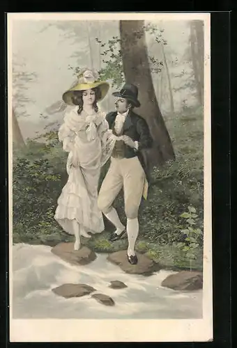 Künstler-AK H. Christ Nr. 188: Herr hilft Dame über den Fluss