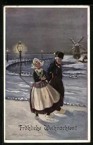 Künstler-AK H. Christ Nr. 174: Holländisches Paar in winterlicher Landschaft mit Windmühle bei Nacht, Weihnachtsgruss