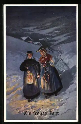 Künstler-AK H. Christ Nr. 174: Zwei Frauen mit Laterne nachts in Winterlandschaft, Neujahrsgruss