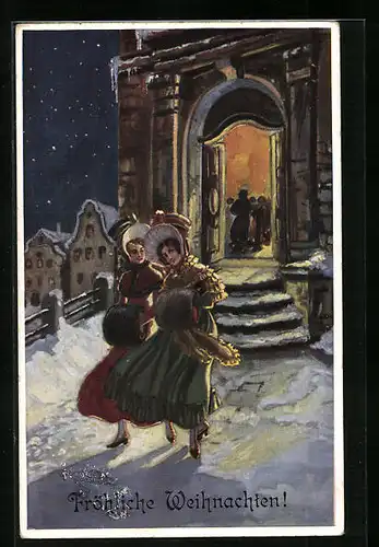 Künstler-AK H. Christ Nr. 174: Zwei Damen vor der Kirche nachts im Winter, Weihnachtsgruss