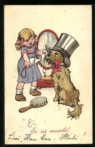 Künstler-AK H. Christ Nr. 171: Es ist erreicht!, Mädchen mit Hund vor dem Spiegel