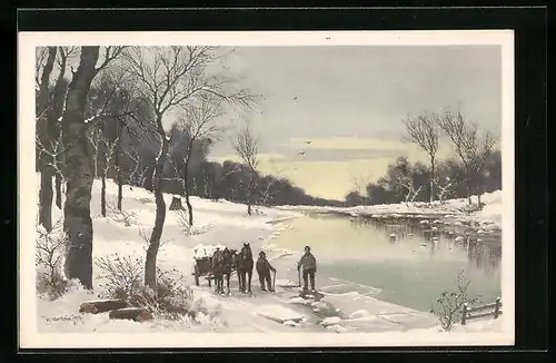 Künstler-AK H. Christ Nr. 251: Pferdegespann am Fluss im Winter