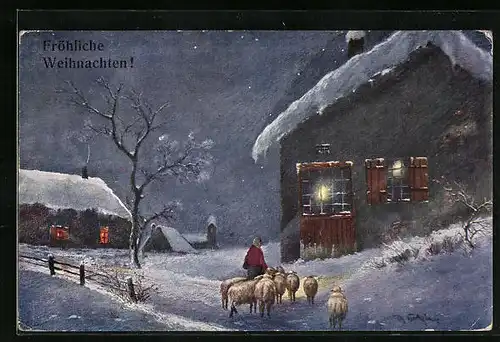 Künstler-AK H. Christ Nr. 274: Schafhirte im Winterdorf