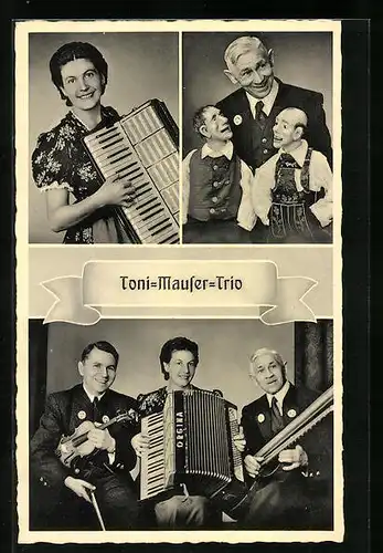 AK Toni-Mauser-Trio, Einzelportraits mit Puppen und Akkordeon und Gruppenfoto