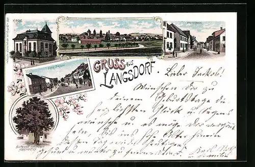 Lithographie Langsdorf, Kirche, Hauptstrasse, Blutbuche, Licher Strasse
