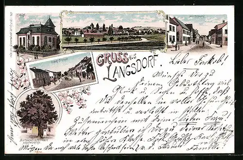 Lithographie Langsdorf, Kirche, Hauptstrasse, Blutbuche, Totalansicht