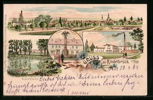 Lithographie Kindelbrück /Thür., Gründelsloch, Kriegerdenkmal, Schuhfabrik, Totalansicht