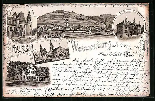 Lithographie Weissenburg a. S., Apostelkirche, Kath. Kirche, Ludwigshöhe, Progymnasium, Totalansicht