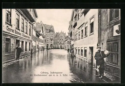 AK Coburg, Strassenpartie in der Judengasse im Hochwasser 1909