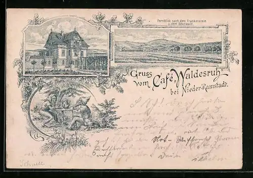 Vorläufer-Lithographie Nieder-Ramstadt, 1895, Café Waldesruh, Fernblick nach dem Frankenstein u. dem Odenwald