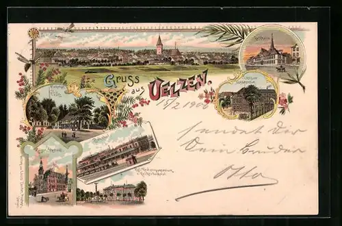 Lithographie Uelzen, Rathaus, Fischermarkt, Bahnhof, Kaiserliches Postamt
