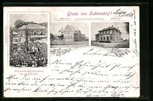 AK Suhlendorf, Kriegerdenkmaleinweihung, Pfarrhaus, Molkerei