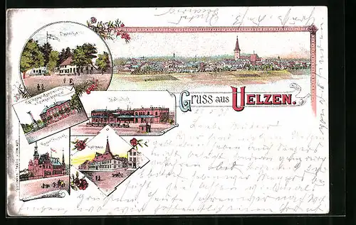 Lithographie Uelzen, Fischerhof, Rathaus, Kaiserl. Postamt, Totalansicht