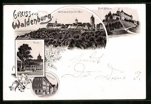 Vorläufer-Lithographie Waldenburg, 1894, Linde, Pensionat, Fürstl. Schloss