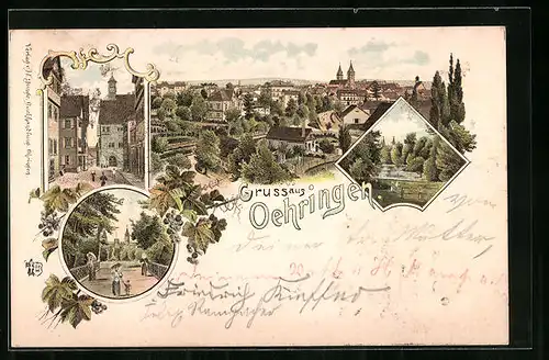 Vorläufer-Lithographie Oehringen, 1895, Strassenpartie, Stadtpark, Totalansicht aus der Vogelschau
