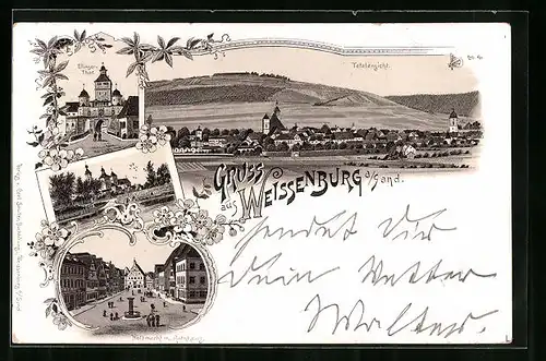 Lithographie Weissenburg, Ellingertor, Holzmarkt mit Rathaus, Totalansicht