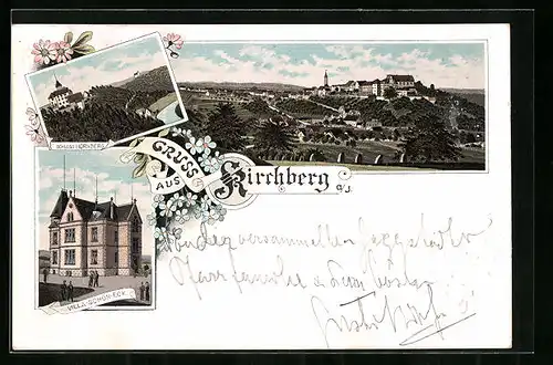 Lithographie Kirchberg a. J., Schloss Hornberg, Villa Schön-Eck, Totalansicht