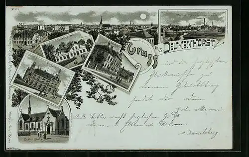 Vorläufer-Mondschein-Lithographie Delmenhorst, 1893, Postamt, Tiergarten, Kath. Kirche