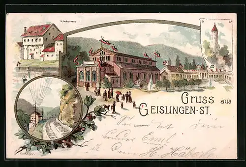 Lithographie Geislingen-St., Schubarthaus, Aussichtsturm, Bahngleise