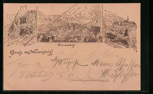 Lithographie Wiesensteig, Ortspartie mit Kirche, Drackenstein, Reussenstein