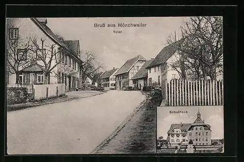 AK Mönchweiler, Schulhaus und Strassenpartie