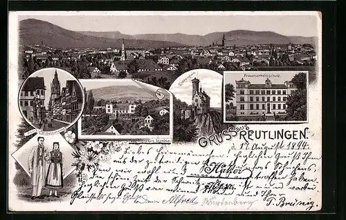 Vorläufer-Lithographie Reutlingen, 1894, Wilhelmstrasse, Frauenarbeitsschule, Totalansicht