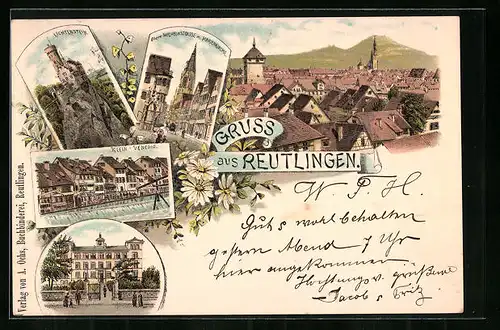 Lithographie Reutlingen, Lichtenstein, Klein-Venedig, Marienkirche, Totalansicht