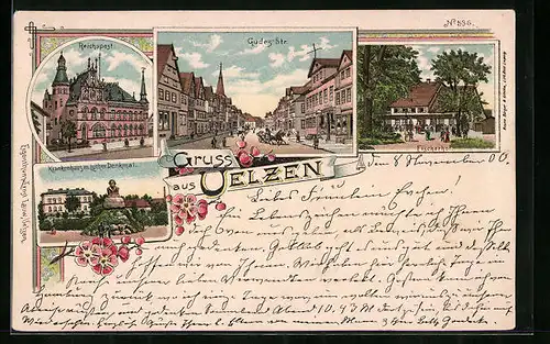 Lithographie Uelzen, Reichspost, Krankenhaus m. Luther-Denkmal